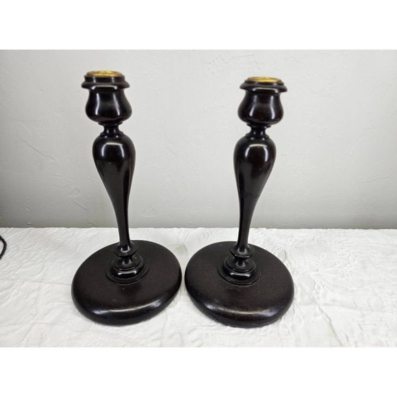 Antique 1900's Dark Wood Candlestick Holders Pair Ornate Brass Top Elegant - Picture 7 of 9